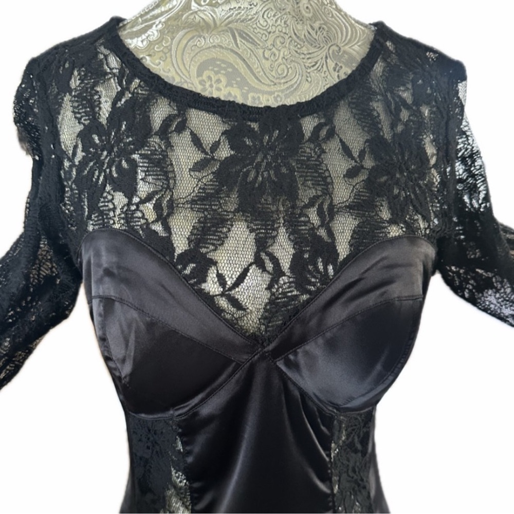 LBD Sexy Black Lace Satin Bodycon Dress Marylin Monroe Size Large Hot - Picture 2 of 6